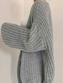 Plus Size Women Elegant Loose Knitted Cardigan Sweater, Casual Everyday Wear, Autumn/Winter - Grey - View 7