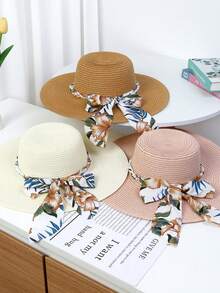 1 pièce Chapeau de paille à large bord avec nœud papillon pour femme, chapeau de soleil pliable pour les vacances, protection UV, port quotidien