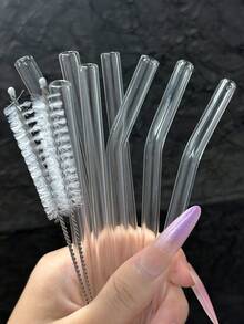 10 件可重复使用玻璃吸管套装，弯和直透明饮用吸管，返校，高硼硅玻璃冰沙吸管，鸡尾酒吸管，适用于冷热饮料、冰咖啡、果汁、派对用品、家庭和办公室的酒吧配件。 - 彩色 - 查看 5