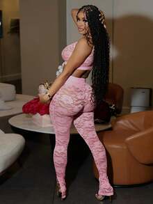 2 Piece Outfits For Women Camisole Spaghetti Top With Long Pants Lace Pink/Wghite/Black Two Piece Set - 粉色 - 查看 4