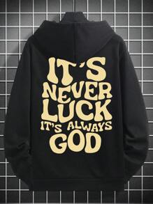 男士秋冬标语“这绝非运气，而是上帝的旨意”印花极简黑色连帽衫，长袖上衣 - 黑色 - 查看 9