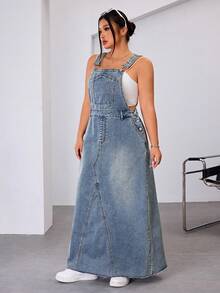 女士时尚纯色休闲牛仔口袋水洗牛仔套头连衣裙，无弹力，加大码，适合日常穿着，春夏秋冬