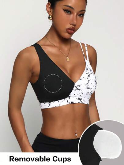 Women's Solid Color Patchwork Marble Print Comfortable Sports Bra