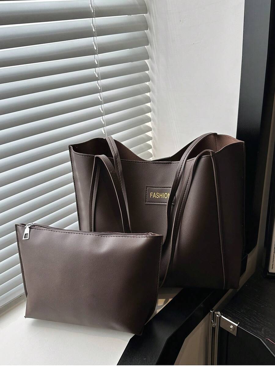 2pcs/Set Solid Color Small Shoulder Tote Bag & Clutch Wallet, PU Leather Material Suitable For Girls, Women Shopping, Work Commute And Daily Use - Coffee Brown - View 1