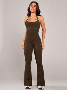 1pc Women's Seamless Ribbed Racerback Jumpsuit, Yoga Fitness Running Workout Jumpsuit