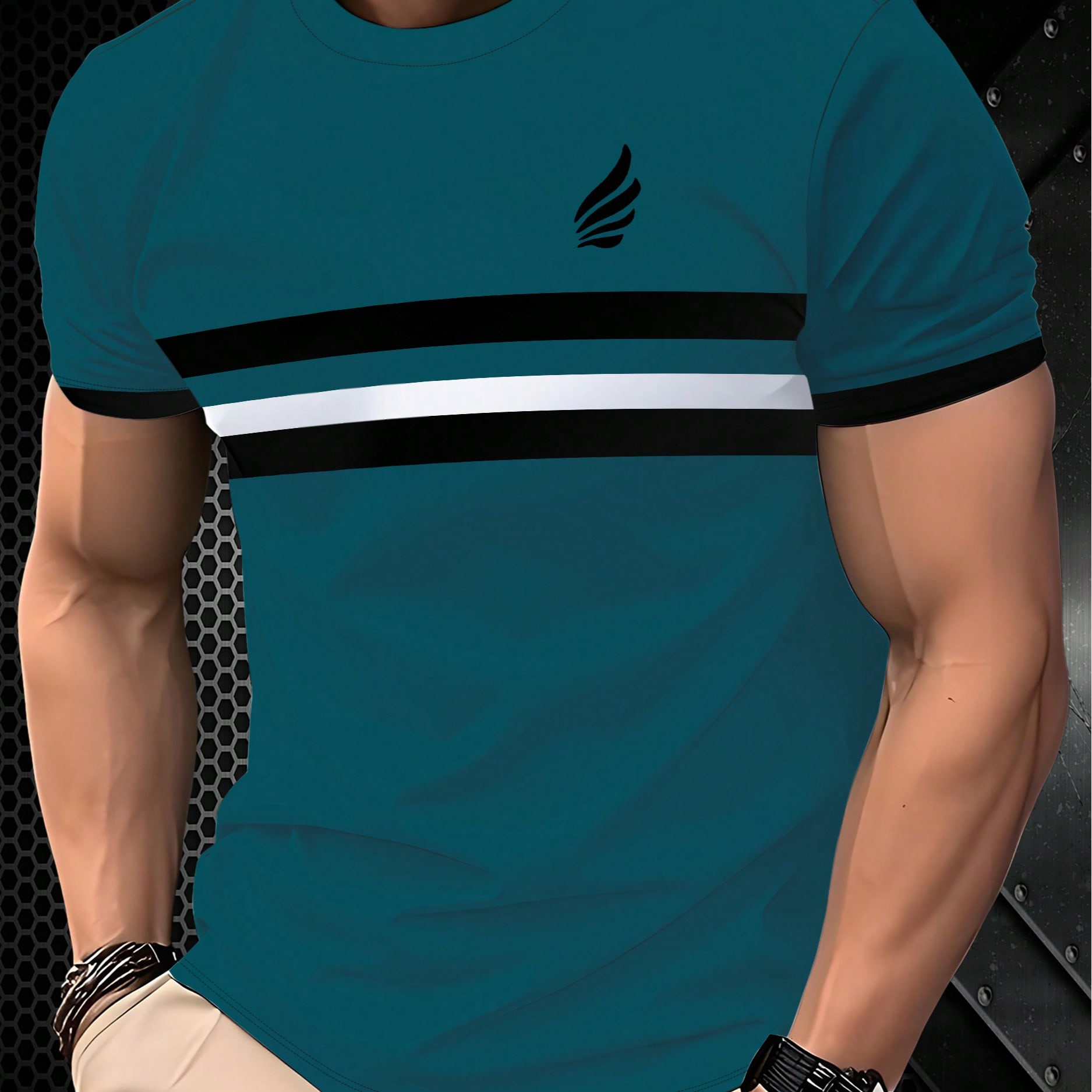 Camiseta de manga corta de cuello redondo con estampado de rayas elegante para hombres, de corte casual y fashionable, 100% poliéster, ajuste regular