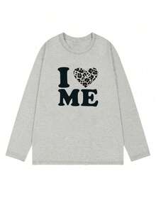 女士宽松卡通印花长袖棉质T恤，百搭春秋装 - 淺花灰 - 查看 3