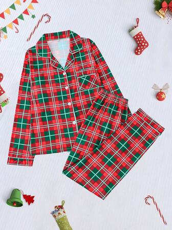 2 件圣诞派对格子纹理印花女式睡衣套装，舒适长袖开衫领上衣和松紧腰裤，节日派对睡衣，女士休闲家居服，秋季服装