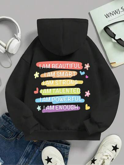 Tween Girl Long-Sleeved Hooded Sweatshirt With Slogan Pattern, Providing A Comfortable, Fashionable, And Casual Autumn And Winter,Suitable For Daily Wear,Can Be Given As A Gift To Family,Girlfriend, Friends