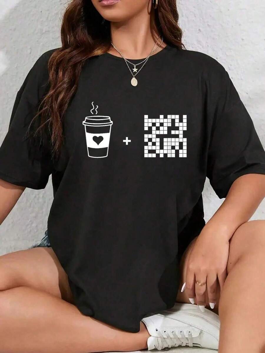 Coffee And Crosswords Tee, Crossword Puzzle Day Tee T-Shirt - 100% Cotton Summer Tops Office Outfits For Women, Vacation Outfits Woman - màu đen - Xem 1