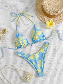 Lady's Floral Print Halterneck Three-Piece Swimsuit: Sexy, Youthful, Stylish, High End, Elegant, Casual – Perfect For Travels And Beach Vacations, Spring & Summer New Arrival