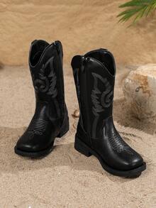 1 双儿童刺绣纯黑色西部牛仔靴，适合所有季节 - 黑色 - 查看 7