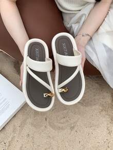 XIXITIAO 女士户外软底人字拖，百搭纯色沙滩凉鞋，法式简约风格平底方头轻便舒适休闲家居拖鞋，适合海滩/户外/派对等场合 - 米白色拼色夾趾 - 查看 7