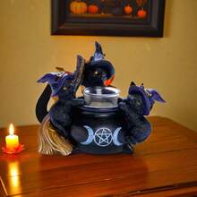 Enchanting Black Cat Cauldron Tealight Holder – Spooky Candle Display For Halloween Decor, Gothic Home Accents, Witchy Charm For Cozy Ambiance