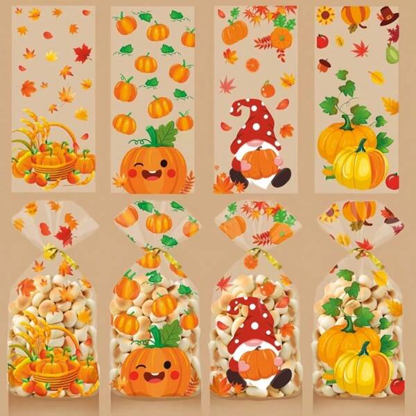 50pcs/100pcs Autumn Harvest Festival Gift Bags, Pumpkin & Maple Leaf Themed Packaging Bags