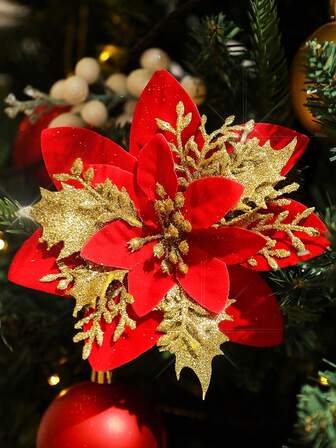 20pcs/10pcs/2pcs Multi-Color Artificial Poinsettia, Poinsettia Christmas Tree Decorations With Clips, Glitter Hollow Mesh Poinsettia, Christmas Decorations, Holiday Accessories, Christmas Tree, Wreath, Glitter Poinsettia Christmas Tree Ornaments, Holiday Decor DIY Poinsettia Wreath, Party Decorations