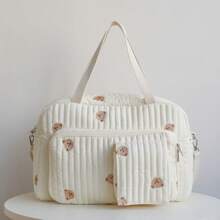 2025 Neue koreanische Mode Mama Wickeltasche mit großer Kapazität, geeignet für Väter; Mehrfachtaschenentwurf mit funktionalen Fächern für verschiedene Babysachen; Reißverschluss-Klappendeckel für einfachen Zugriff auf Kleidung & Zubehör; verziert mit niedlichem Bären-Patch, der der Tasche einen lustigen Akzent verleiht für Schule Zubehör Schulsachen