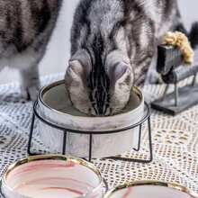 1pc (Iron Frame + Bowl) INS Ceramic Cat Bowl With Iron Frame, Cat/Dog Food Bowl, Pet Supplies, Prevents Neck Strain, Fine Texture, Anti-Grease Absorption, Smooth Glaze, Easy To Clean, Thick Bowl Bottom - Light Grey - View 7