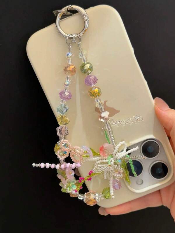 Dopamin Blumen Handyschlaufe, grüner minimalistischer Perlenarmband, eleganter hochwertiger Armband Anhänger für Frauen, Tasche/Schlüsselanhänger Accessoire, geeignet für den Sommer