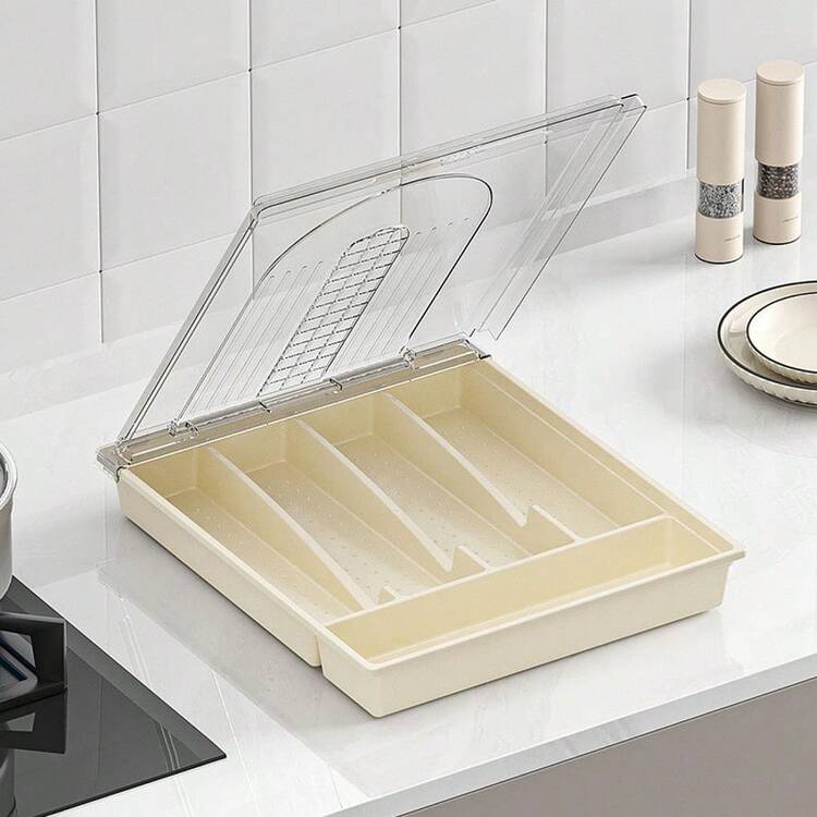 1pc Kitchen Utensil Storage Box, Cutlery Organizer With Compartments And Lid, Plastic Dust-Proof Holder, Without Cutlery - Multicolor - View 6
