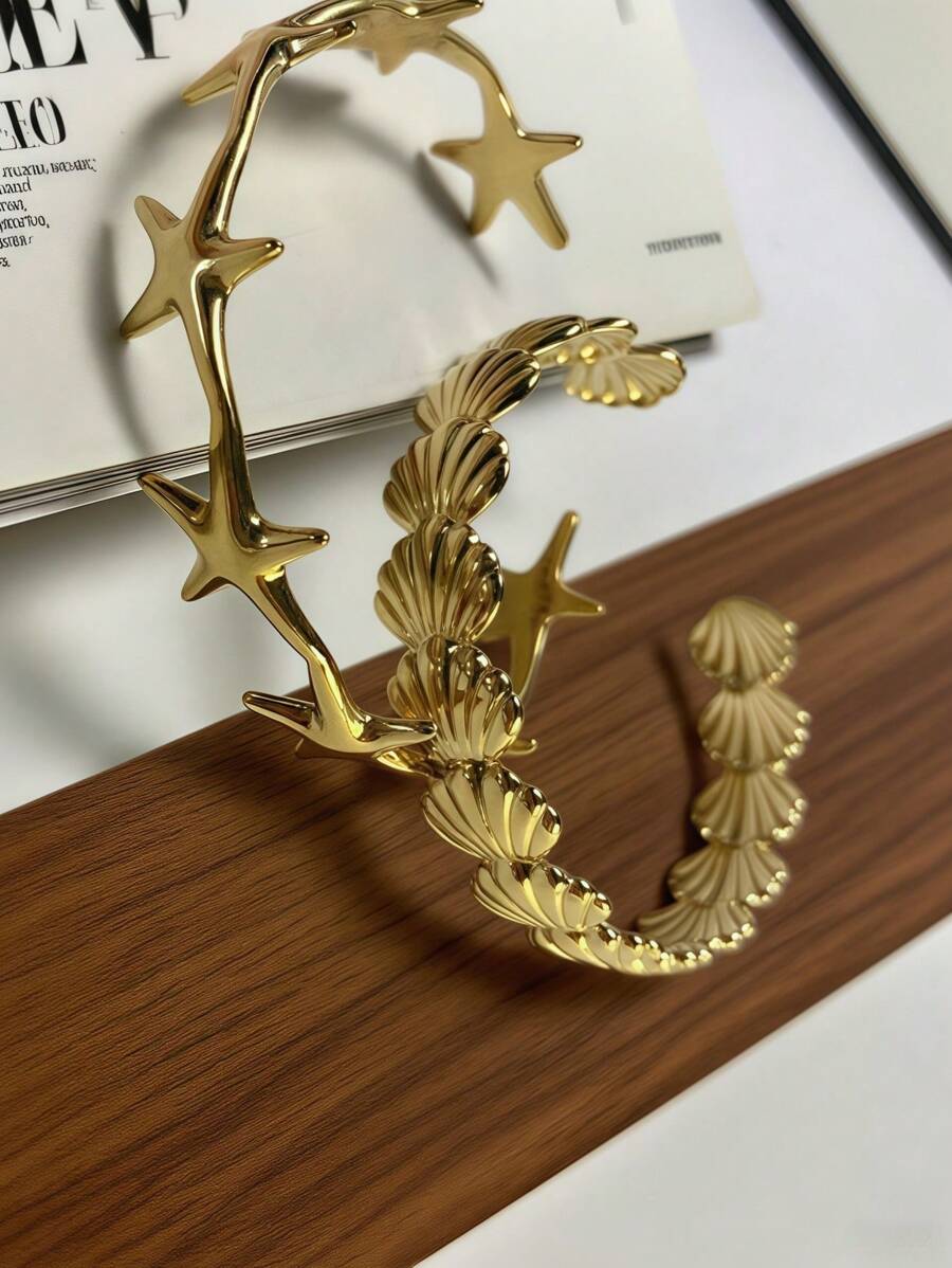 1 件不锈钢海星手链，时尚银色/金色袖口手链，女士珠宝