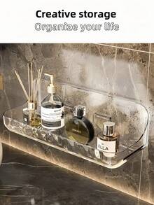 1pc Punch-Free Transparent Plastic Wall-Mounted Bathroom Storage Rack, Strong Load-Bearing Capacity, Durable And Drainable, Suitable For Toiletries And Cosmetics, Easy To Install, Suitable For Bathroom And Kitchen Use, Light Luxury And Fashion, Round And Beautiful Bathroom - Multicolor - View 4