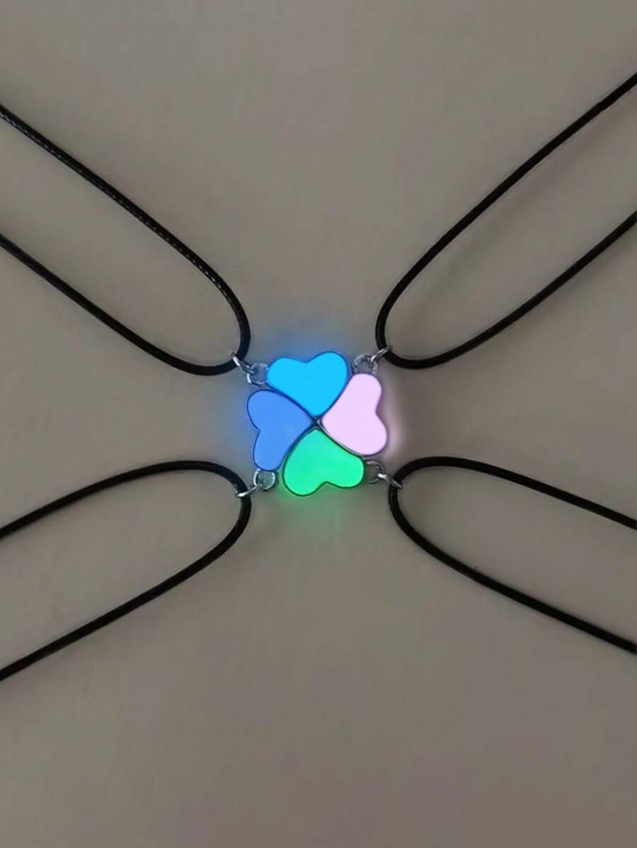 ATLVXJL 4pcs/Set Glow-In-The-Dark Friendship, Sibling, Heart & Clover Puzzle Pendant Necklace Set, Casual Jewelry Suitable For Daily Wear And Holiday Gift - Multicolor - View 1