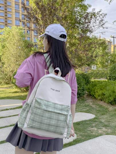 حقيبة ظهر كبيرة السعة بطراز مربعات، حقيبة ظهر للطلاب مناسبة للمدرسة والسفر والعطلات والتسوق اليومي، قطعة واحدة