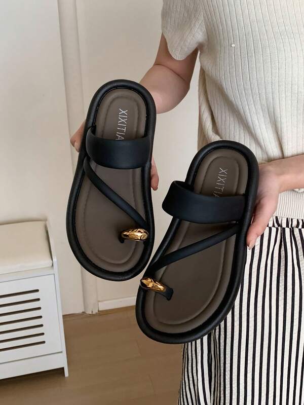  XIXITIAO 女士户外软底人字拖，百搭纯色沙滩凉鞋，法式简约风格平底方头轻便舒适休闲家居拖鞋，适合海滩/户外/派对等场合