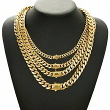 New Monaco Women&Men 14K Gold Cuban Link Chain –Black "S" Clasp 1Necklace Chunky Hip Hop Necklace For Men, Stainless Steel, Waterproof Streetwear Jewelry - Vàng - Xem 2