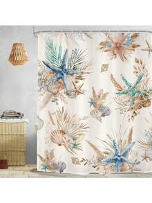 Beach Coastal Nautical Bathroom Shower Curtain Set, Ocean Coral Vintage Sea Horse With 12 Hooks, Fabric Waterproof Accessories Decor