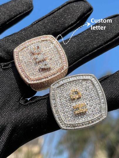 1pc Hip Hop New Arrival DIY Mini Letter Ring, Copper Inlaid Zirconia Exaggerated Niche Square Ring