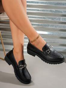 Giày lười nữ màu đen đa năng, giày bệt mũi tròn chất liệu PU mềm mờ thời trang xuân/thu mới, cỡ lớn, giày thường ngày đi làm đi làm kiểu Anh - màu đen - Xem 3