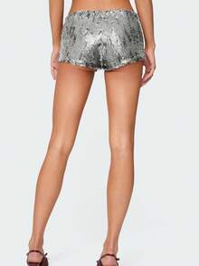 Women's Sequin Mini Shorts Sparkly Low Rise Bodycon Y2k Hot Pants Rave Club Micro Shorts - Silver - View 2