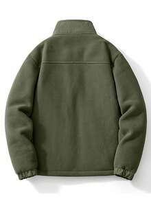 1 件男士休闲立领羊毛夹克，双面羊毛，厚实温暖，拉链口袋，防风袖口，纯色外套适合街头穿着，冬季 - 軍綠色 - 查看 2