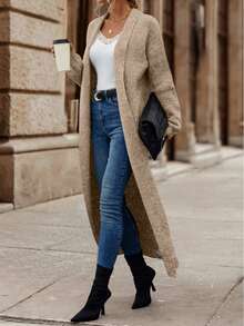 Plus Size Women Fall Winter Long Open Front Knit Cardigan, Long Sleeve Loose Soft Knit Sweater Coat Casual Warm Outerwear - Khaki - View 4