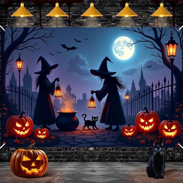 1 pezzo - Sfondo di Ognissanti con strega e zucca - Gatto nero spettrale con pozioni magiche e occhi luminosi, in tessuto di poliestere premium per feste di streghe, photobooth, decorazione gotica per interni ed esterni