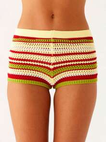 Women's Sexy Party Track Shorts Short Rainbow Stripe Fabric Medium Stretch Rib-Knit - 黃色 - 查看 6