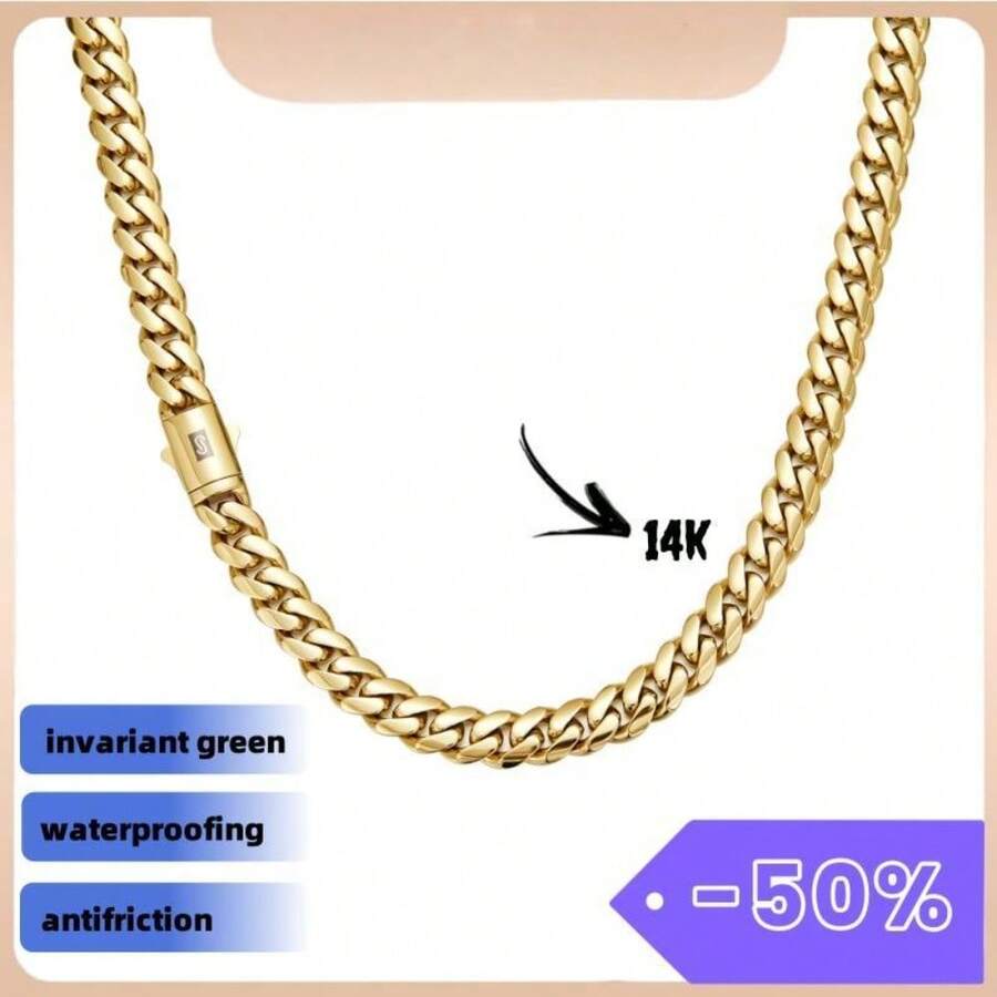 New Monaco Women&Men 14K Gold Cuban Link Chain –Black "S" Clasp 1Necklace Chunky Hip Hop Necklace For Men, Stainless Steel, Waterproof Streetwear Jewelry - Vàng - Xem 1