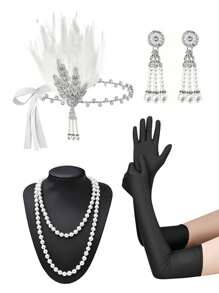 D EXCEED 1/4/6 件女士 1920 年代 Flapper Gatsby 配饰套装万圣节派对 Great Gatsby 女士复古时尚人造羽毛头带发饰新娘头饰表演舞台道具配饰