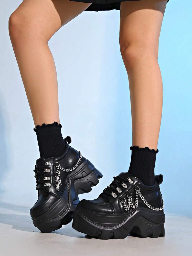 Women's Punk Style Lace-Up Metal Eyelet Platform Casual Sneakers, Versatile Business Shoes - Black - View 6