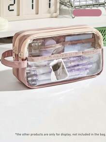 手提双层透明铅笔袋笔袋撞色方形收纳袋文具学校返校铅笔袋书包 - 藍色 - 查看 14