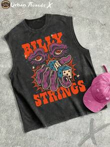 Cotton Washed Crew Neck Tank Top, BILLY STRINGS Art Print, Vintage Washed Craft, Daily Casual Outfit - Black - View 1