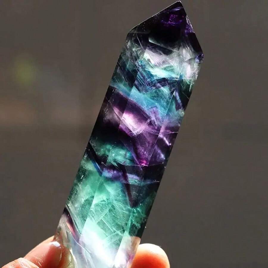 CUPIDCRYSTAL 1pc Vibrant Natural Fluorite Crystal Dots - Loose Gemstone Colorful Stripe Pattern, Hexagonal Wand Shape, Quartz Crystal Stone, 2.76 - 4 Inches In Size,Crystals And Stones