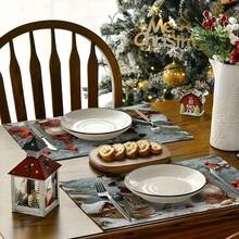 1pc/4pcs Set Christmas Theme Placemats, Cozy Winter Vibe, Snowman & Cardinal Pattern Decor, Linen Woven Heat-Resistant Mats, Holiday Snowman & Decor Design Easy To Clean, Perfect For Holiday Kitchen Decor, Party Tablecloth And Home Decor