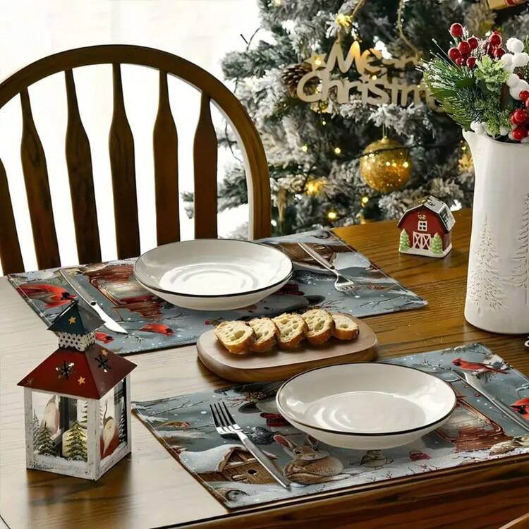 1 件/4 件套圣诞主题餐垫，舒适的冬季氛围，雪人和红雀图案装饰，亚麻编织耐热垫，节日雪人和装饰设计易于清洁，非常适合节日厨房装饰、派对桌布和家居装饰 - 彩色 - 查看 7