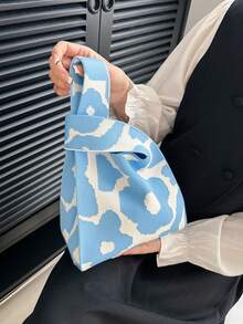 lulu kewen 1pc Floral Crochet Handbag, Mini Crochet Tote Bag With Floral Pattern, Breathable And Foldable Pocket Design Suitable For Phone, Umbrella, Cosmetics, Lipstick, Perfume, Books - Anti-Fouling, Open-Top Design, Fashionable Women Handbag - Suitable For Vacation, School, Commuting - Blue - View 5