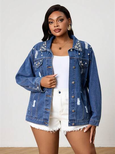 Jachetă denim la modă pentru femei, în culori solide, cu buzunare cu perle, neelastică, potrivită pentru purtare zilnică, ținută casual de primăvară/vară/toamnă/iarnă