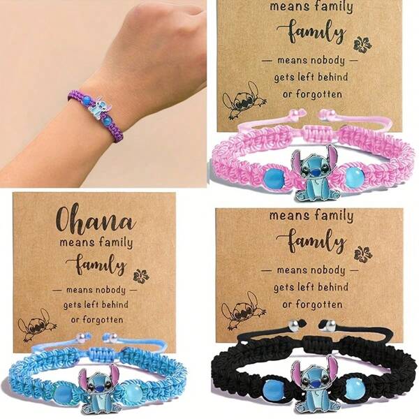 Disney Stitch Handmade Beaded Bracelet - Blue/Pink Synthetic Gemstones, Durable Hemp Rope Design, Cute Cartoon Animal Pattern, Suitable For Girls And 15+ Years Old - Daily Accessory, Valentine's Day Gift, Easter Party Decor