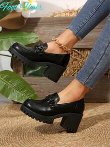 Sapatilhas femininas Foot Flair (tamanho pequeno, compre um número menor) com plataforma, bico redondo e salto grosso, impermeáveis, estilo Oxford vintage plus size em couro PU, pretas, estilo britânico (consulte o guia de tamanhos ao selecionar o seu tamanho). - Preto - Ver 7